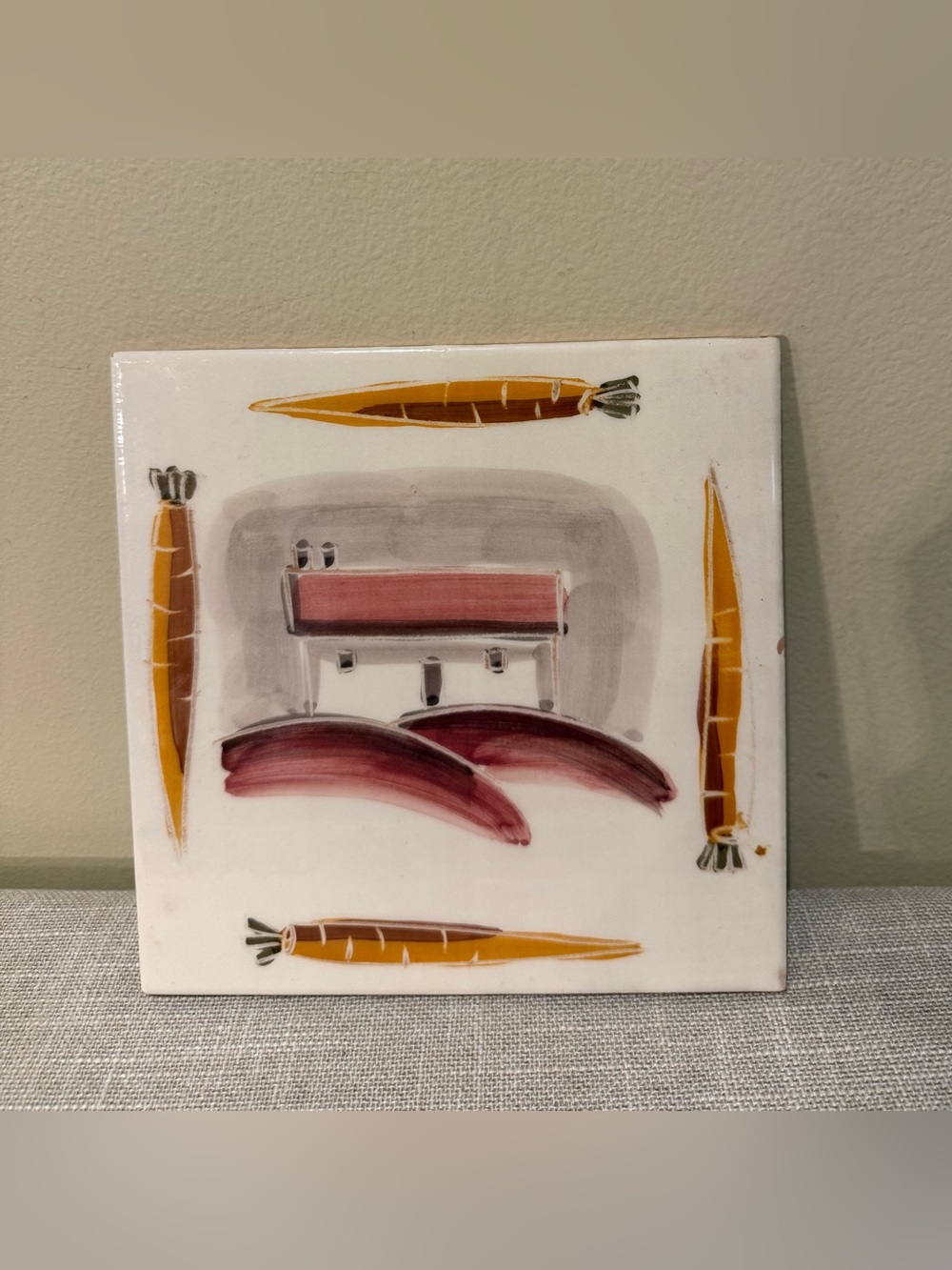 Marco e Cristina Italy Hand Painted Ceramic Art Tile Trivet Carrots 8"